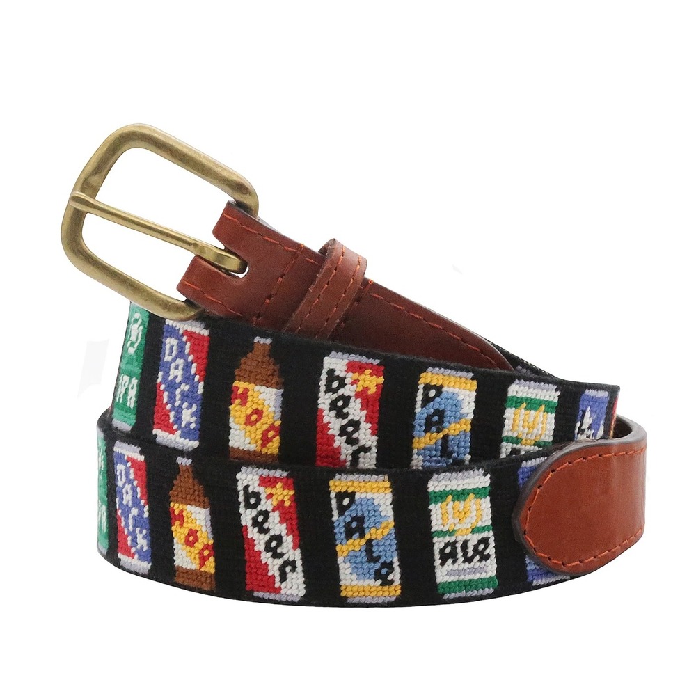 Smathers & Branson Beer Cans Belt Hand Stitched Needlepoint Leather Size 36